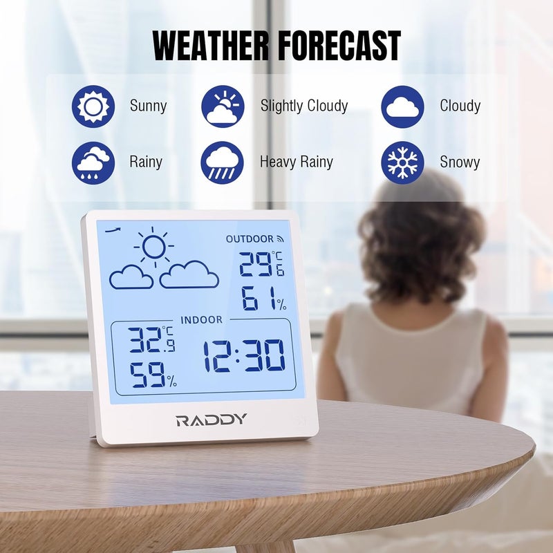 Raddy WF-50T Indoor Outdoor Thermometer Hygrometer Wireless Weather Station, Battery Powered Temperature & Humidity Monitor with 5.0’’ Display, Weather Forecast, Wireless Remote Sensor (White) - Image 3